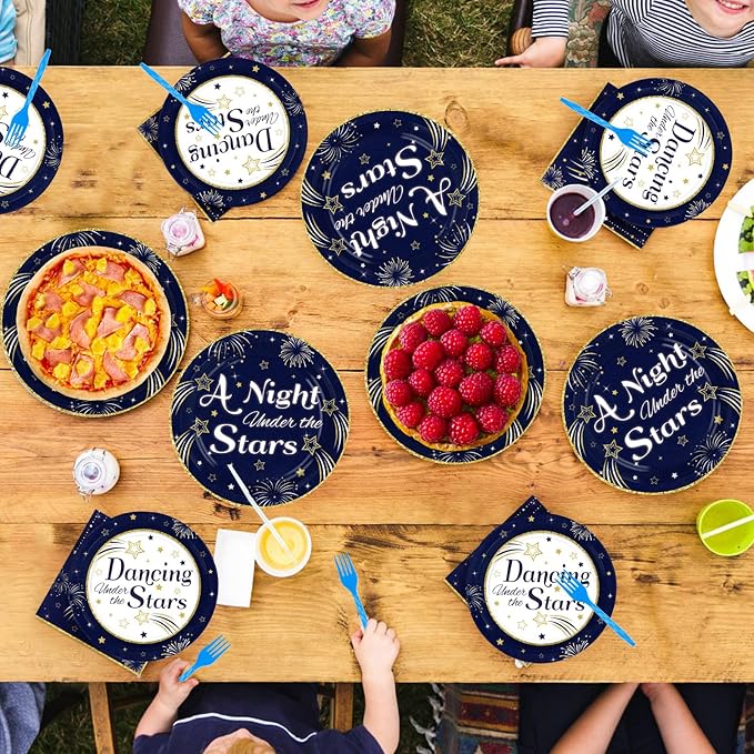 Grencian Dancing Under the Stars Decorations - 96 Pcs Navy Blue Starry Night Party Plates and Napkins Gold Star Disposable Tableware for A Night Under the Stars Birthday Party Decorations Serve 24