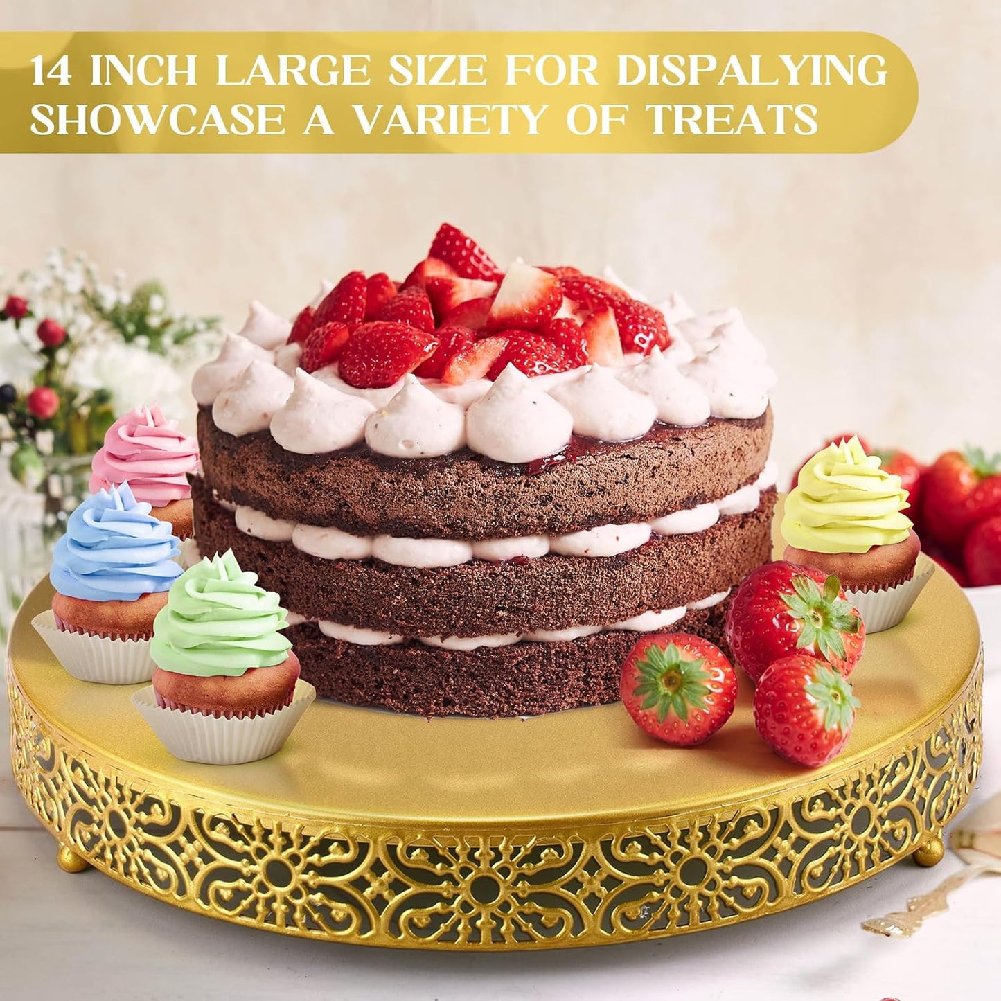 Wenqik 14 Inch Gold Cake Stand Metal Round Cake Stands Set Dessert Display Cupcake Stands Plates for Wedding Brithday Party Celebration