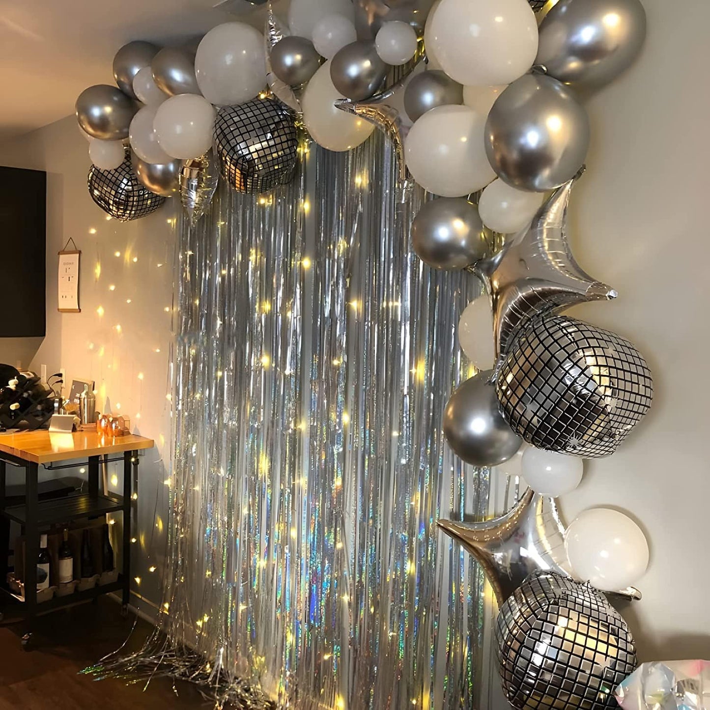 Silver Foil Fringe Tinsel Backdrop - GREATRIL Metallic Tinsel Streamers Curtains for 2026 NYE/Prom/Dancing Ball/Christmas/Bachelorette Party Decorations - Pack of 2