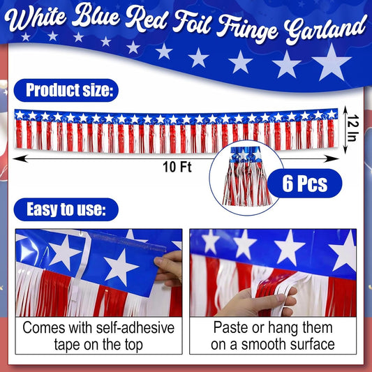 6 Pack 10 Feet Foil Fringe Garland Metallic Tinsel Streamers Banner Wall Hanging Backdrop Banner for Parade Floats, Thanksgiving, Christmas, Birthday, Halloween Party Decorations White red Blue