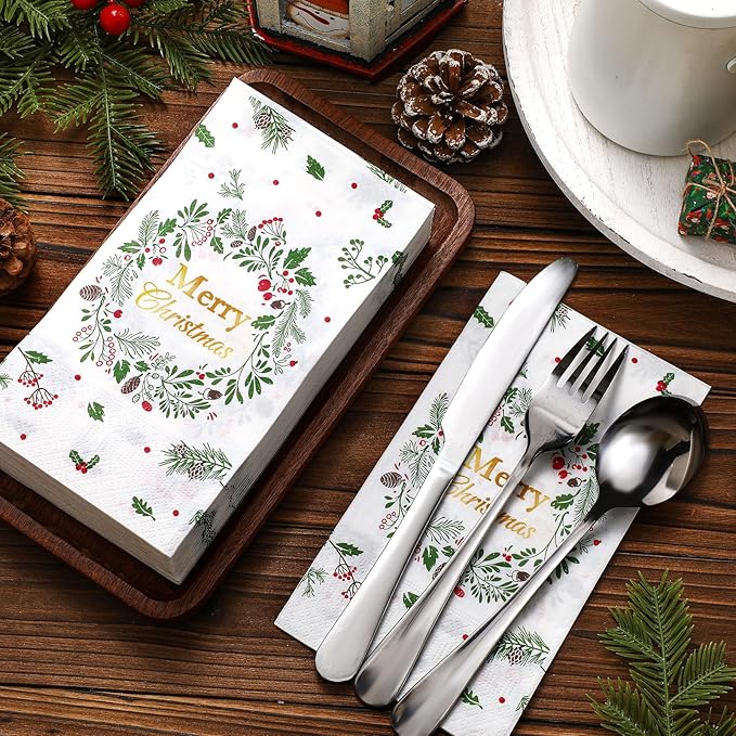 Karenhi 200 Pcs Merry Christmas Guest Napkins Holly Berry Disposable Hand Towel for Bathroom 2 Ply Xmas Decorative Napkin Bathroom Paper Hand Towels Christmas Party Decor for Winter Party Holiday