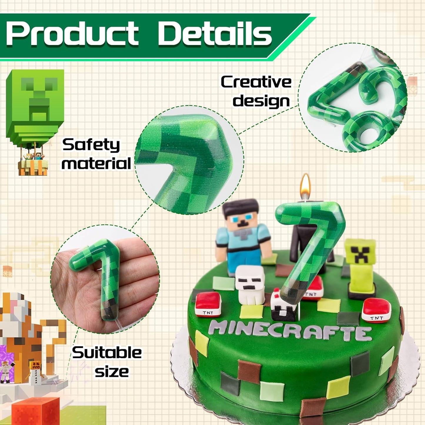 TNT Themed Birthday Cake Candle Number 7 Dynamite Themed Green Candle Cake Topper for Pixel Theme Birthday Party Decoration