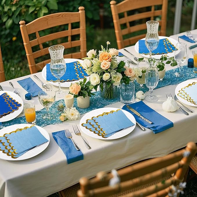 100 Pcs Blue Cocktail Napkins with Gold Foil Scalloped Edges 5 x 5 Inch Dessert Napkins Disposable Thick Paper for Wedding Dinner Birthday Party