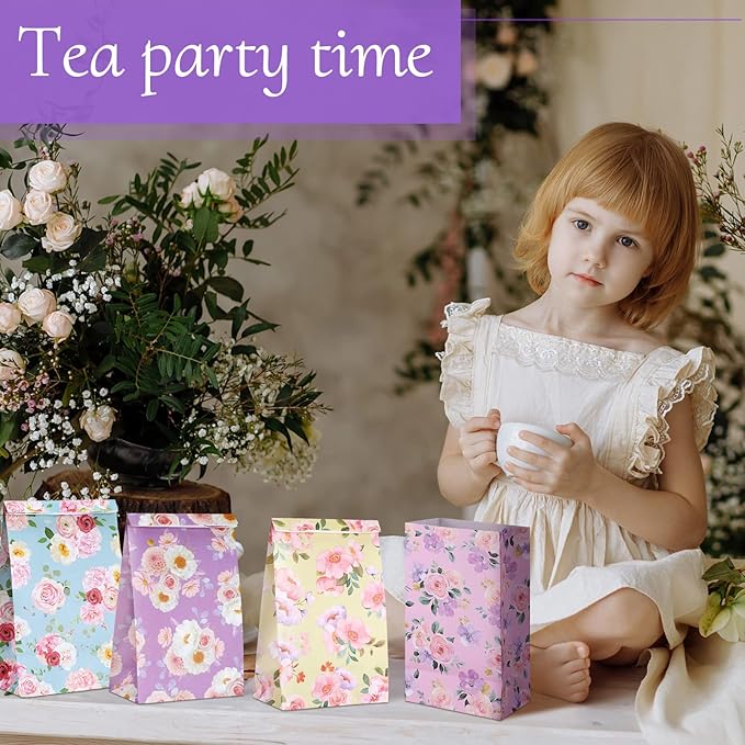 Panelee 24 Pcs Floral Gift Bags Pastel Small Tea Party Favors Flowers Paper Lunch Bag Bulk 8.7x4.7x3 in Goodie Candy Treat Pouches for Wedding Bridal Shower Birthday Mother's Day Decoration