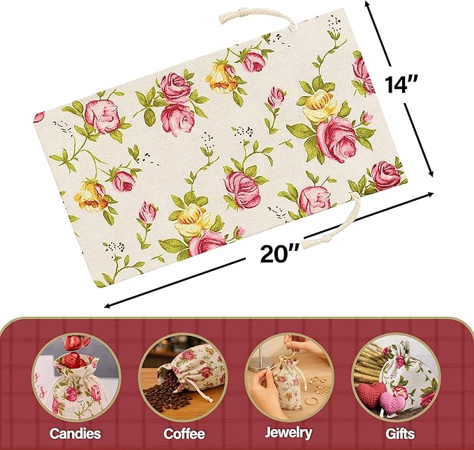 Mandala Crafts 14X20 Inch Rose Burlap Drawstring Gift Bags for Favors - 10 Large Floral Linen Sacks Gift Pouches for Candy, Coffee, Jewelry, Wedding, and Party Supplies