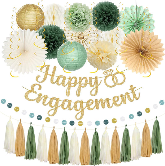 Roetyce Engagement Party Decorations, Green and Gold Glitter Happy Engagement Banner, Almost Married/Just Engaged Photo Background, Sage Green Congratulations Wedding Bachelorette Backdrop Decor