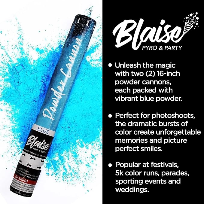 Blaise Pyro & Party Blue Powder Poppers - Water-Soluble & Colorful Powder Cannons for Gender Reveals, Birthdays, Weddings & Celebrations - Easy to Use for Memorable Photos - 16-Inch, 2-Pack