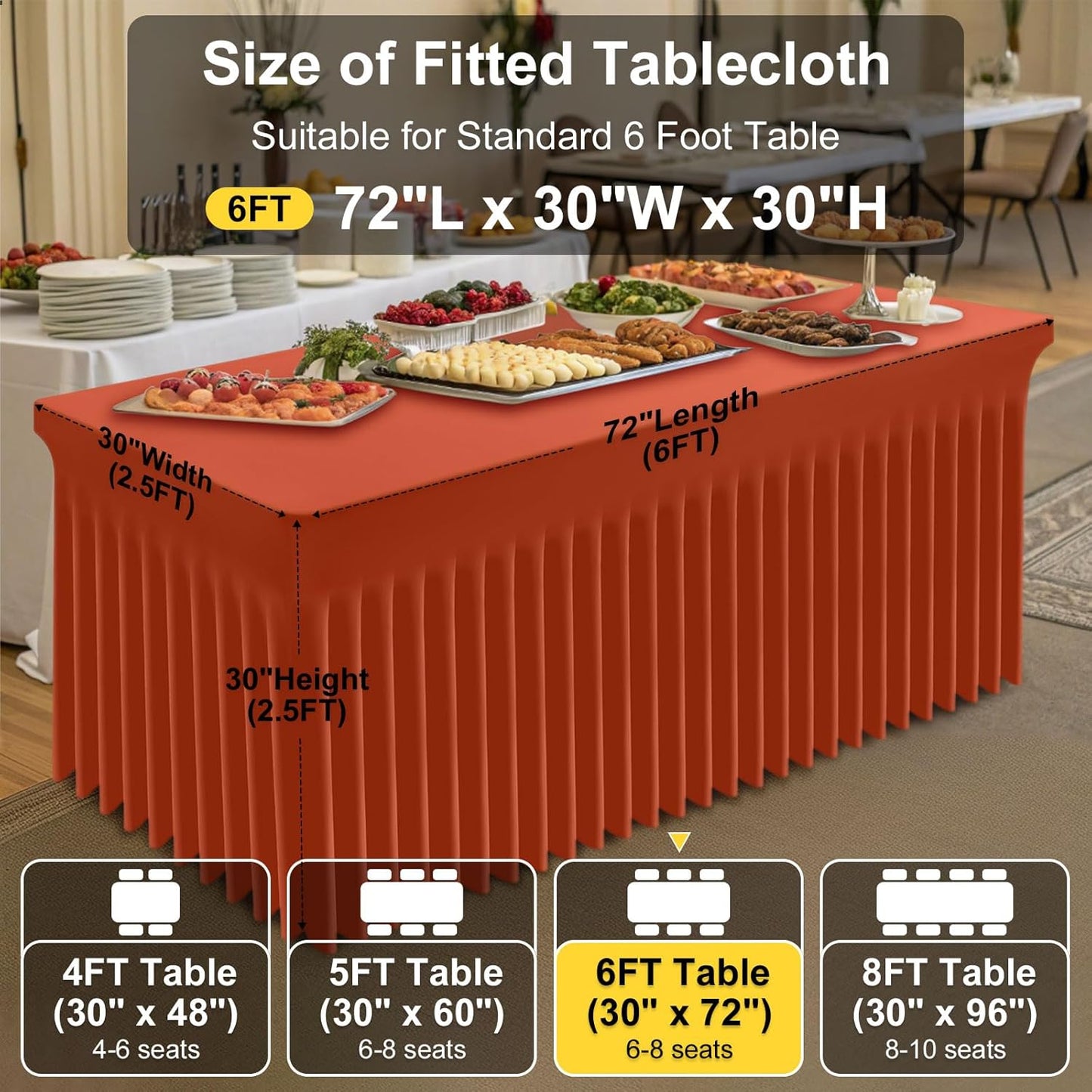 Smiry Spandex Tablecloth, Elastic Fitted Stretch Tablecloth for 6FT Rectangle Tables, Waterproof Washable Table Cover Skirt for Outdoor, Wedding, Banquet & Parties (Rust, 72Lx30Wx30H Inch)