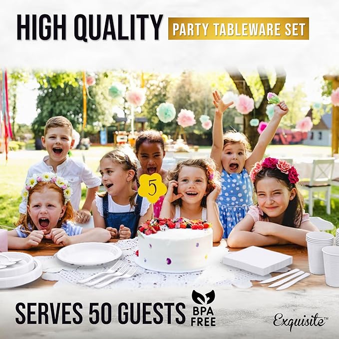 Party Solids 350 Pieces White Plastic Plates For Party, White Disposable Plates Set, 50 Of Each 9" Dinner Plate Set, 7" Dessert Plate, Cups, Napkins & Cutlery Plastic Dinnerware