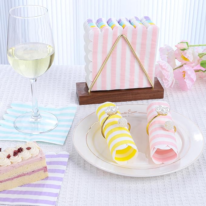 100 Pcs Cocktail Napkins Colorful Stripe Napkins with Scalloped Edges 5 x 5 Inch Dinner Napkins Disposable Thick Paper for Wedding Dinner Birthday Party - Assorted Colors Pink Purple Yellow Blue