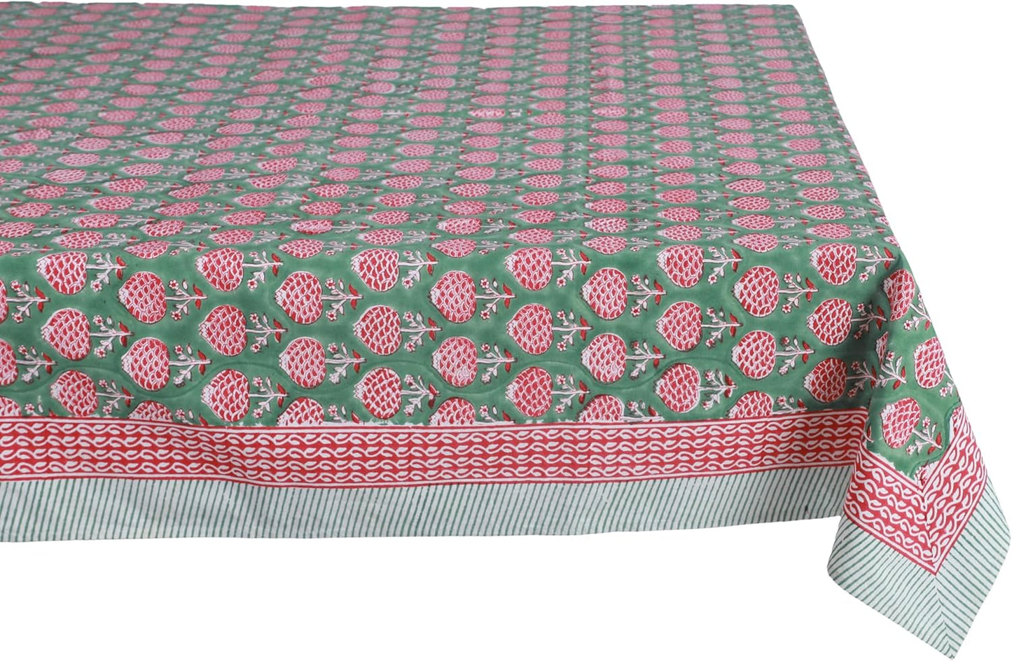 ATOSII Roma Green 100% Cotton Spring Summer Tablecloth, Handblock Print Rectangle Table Cover for Kitchen Dining Linen I Parties, Outdoors, Wedding, Easter Table Cloth I 72 X 108 Inches I 8 Seater