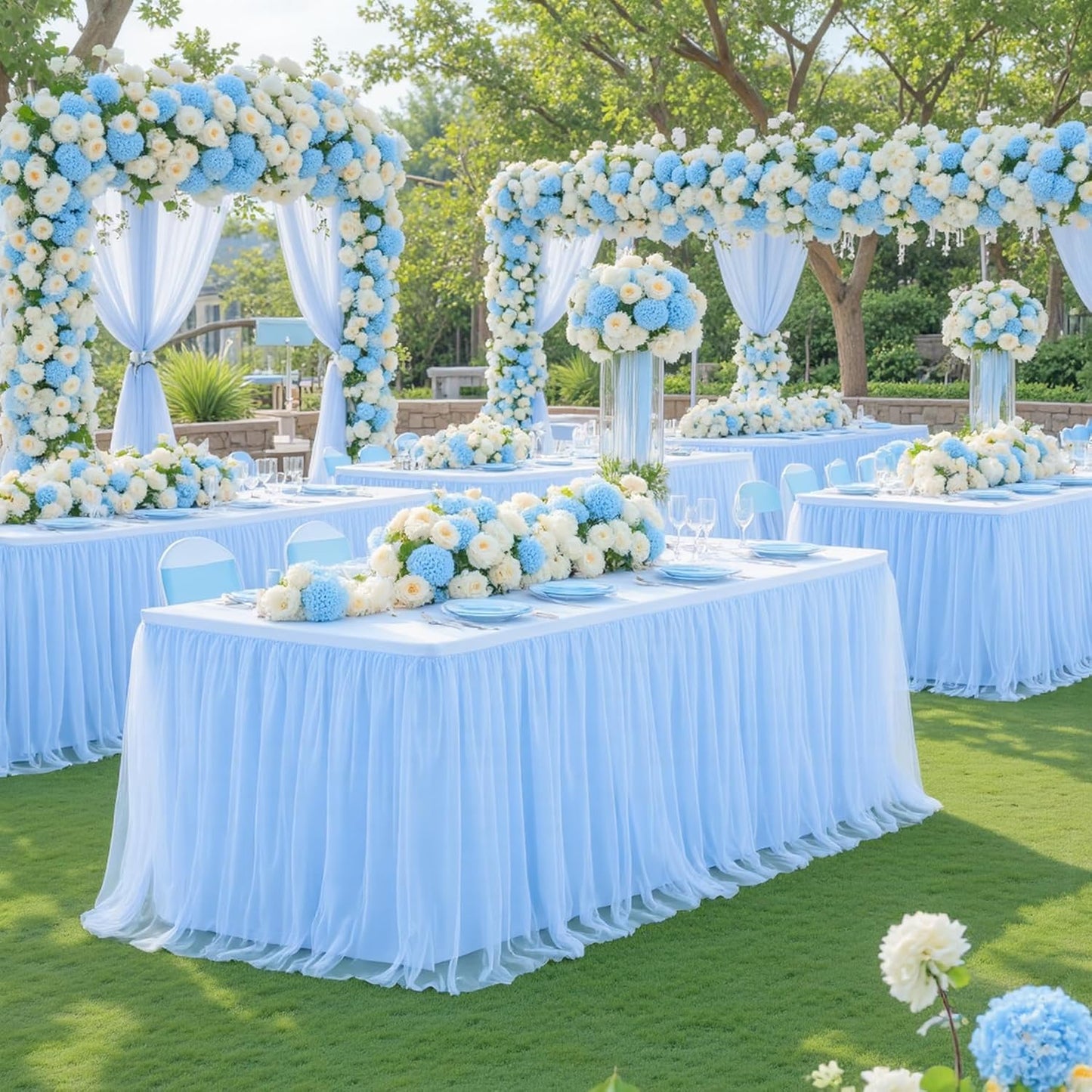 4 Pack 6ft Baby Blue Tulle Tablecloths for Rectangle Tables 72 x 30 Inch Rectangular Table Cloth Wrinkle Free Table Cover with Tutu Skirt for Baby Shower Birthday Party Banquet Buffet Cake Decorations