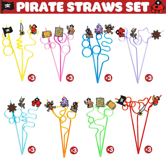 24 PCS Pirate Drinking Crazy Straws for Kids | Pirate Themed Birthday Party Supplies Favors Decorations with 24 PVC Charm, 2 Cleaning Brushes Reusable Straw