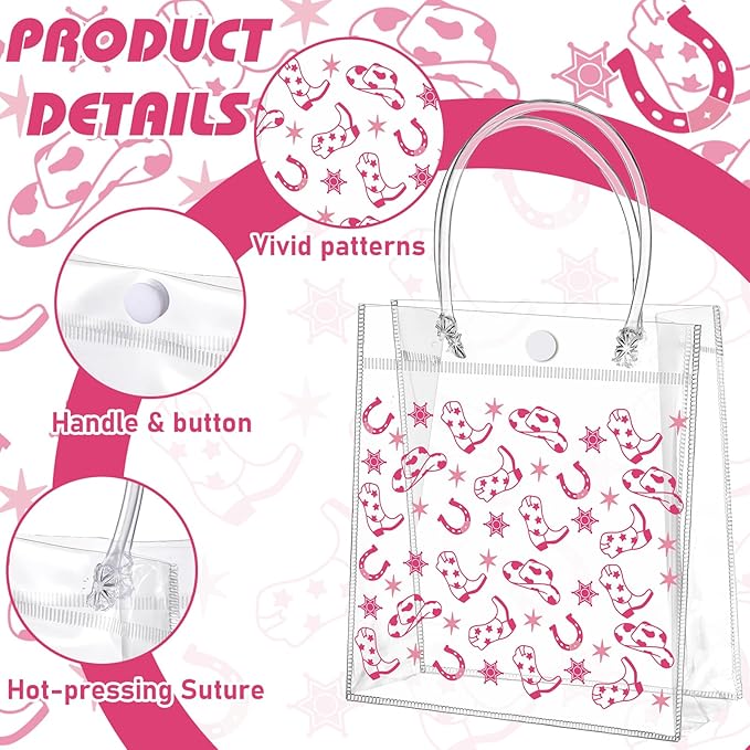 Tioncy 24 Pcs Pink Cowgirl Party Favors Bags PVC Bags with Handles Western Cowgirl Party Supplies Birthday Treat Goodies for Bridal Shower Bachelorette