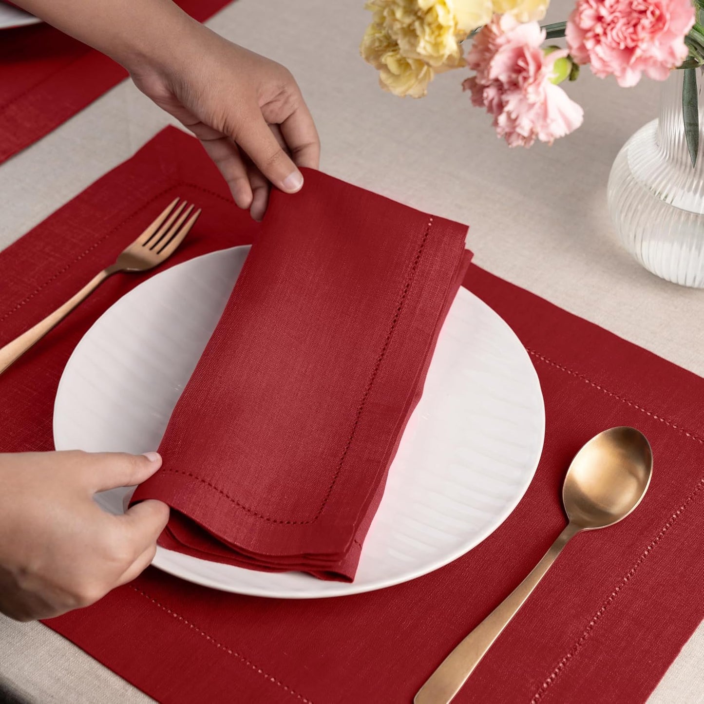 D'Moksha Homes Red Linen Napkins Set of 4 - Classic Hemstitch 100% Pure Linen Hemstitch Dinner Napkins 20 x 20 Inch for Fall, Autumn and Halloween - Handcrafted and Machine Washable