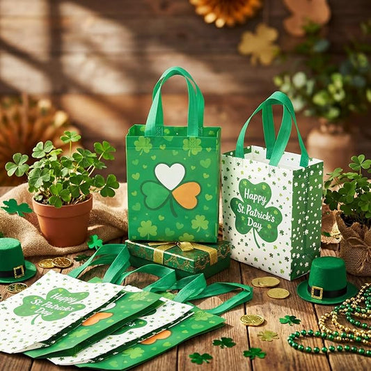 Wovnet 30 Pcs St. Patrick's Day Gift Bags with Handle Shamrock Party Favors Green Reusable Non Woven Goodie Treat Bags Clover Tote Irish Festival Themed Party Supplies 10 x 8 x 4in