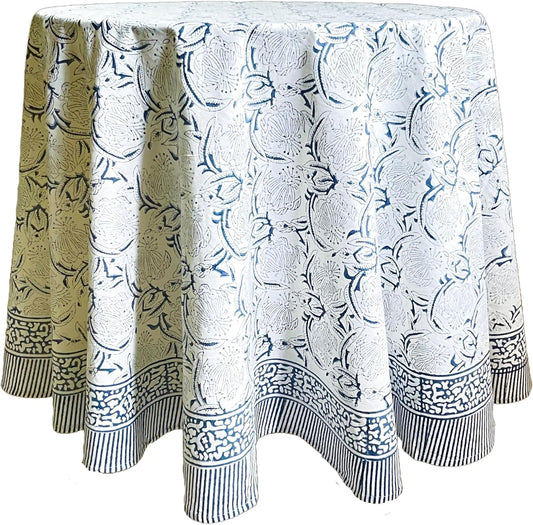 ATOSII Santorini 100% Cotton Round Tablecloth, Handblock Print Floral Table Cloth for Kitchen Dining Linen I Parties, Weddings, Outdoors, Spring Summer Decor I 60" Inches Round