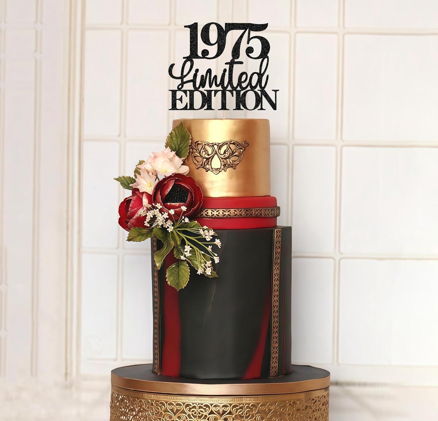 Limited EDITION 1975 Cake Topper - Black Glitter Happy 50th Birthday Party Cake Decoration Supplies, Cheer to 50 Years Cake Bunting Decor for 50th Birthday Party Photo Booth Props