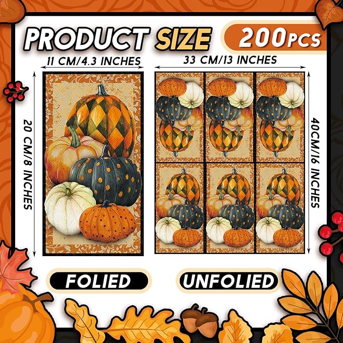 Karenhi 200 Pieces Pumpkin Disposable Hand Towels for Bathroom 2 Ply Paper Guest Towels Autumn Geometric Disposable Napkin Paper Hand Towels for Bathroom Decorative Napkins for Party Holiday Bathroom