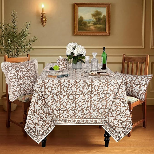 Ridhi Hand Block Print Oak Brown Square Cotton Tablecloth 60" x 60" Reusable Table Cover Decorative Everyday Use for Dining, Farmhouse, Home Gift for Spring, Easter, Valentine