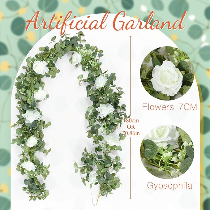 2pcs Large White Mr & Mrs Sign for Wedding Table with 5.91ft Artificial Flowers Garland, Wedding Centerpieces Wooden Bride and Groom Table Decorations for Engagement Decor(White Rose)