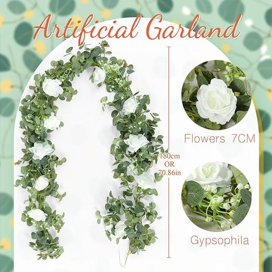 2pcs Large White Mr & Mrs Sign for Wedding Table with 5.91ft Artificial Flowers Garland, Wedding Centerpieces Wooden Bride and Groom Table Decorations for Engagement Decor(White Rose)