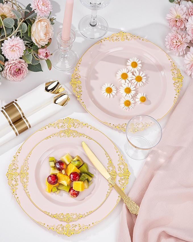 Nervure 100PCS Pink and Gold Plastic Plates - 7.5 inch Pink Plastic Plates with Gold Rim - Disposable Dessert Plate for Wedding & Party & Easter