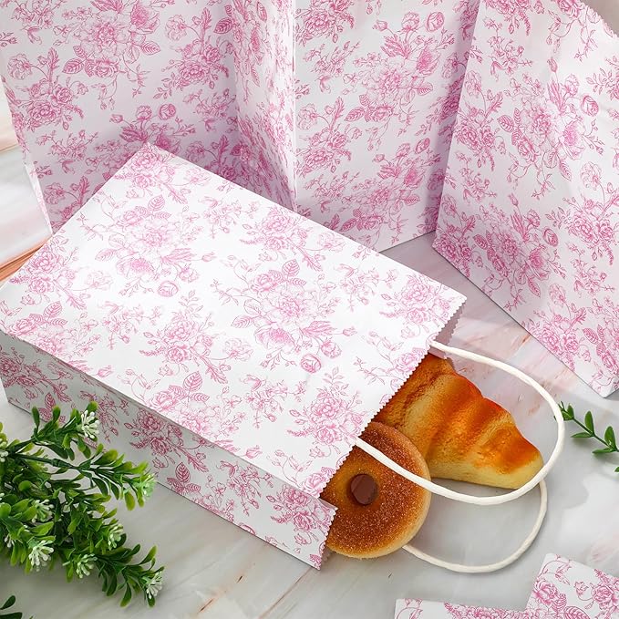 JarThenaAMCS 24Pcs Pink Floral Paper Bag Vintage Flower Candy Treat Bags with Handles Chinoiserie Grocery Shopping Bag for Birthday Wedding Party Favors Supplies