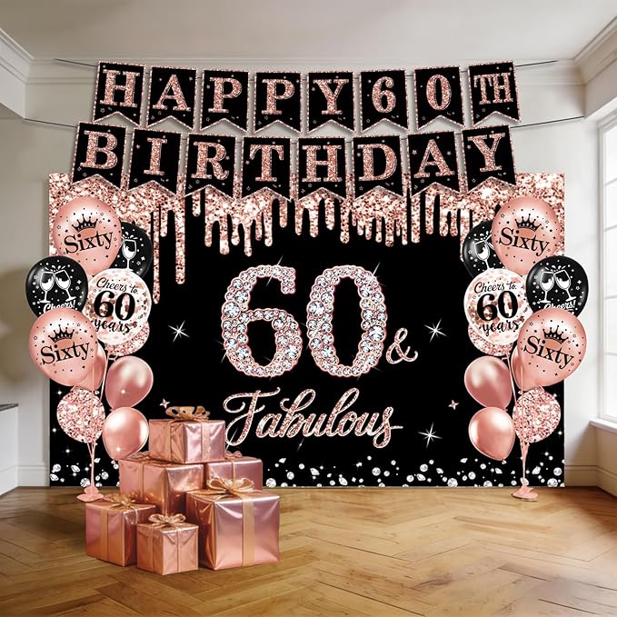 60th Birthday Decorations for Women, 38pcs 60th Birthday Crown and Sash, Black Rose Gold Happy 60th Birthday Banner Balloons Backdrop Hanging Swirls Porch Banner for 60 Years Old Birthday Decorations