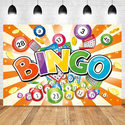 Homewelle Bingo Night Orange Colorful Backdrop 7Wx5H Feet Polyester Fabric Gaming Gamer Game Time Cards Contest Casino Decoration Winning Snooker Ball Winner Photography Background Photo Shoot Props