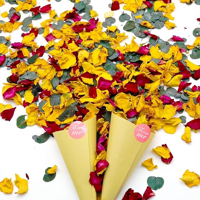 2 QT Mix Biodegradable Flower Petals Confetti, 20+ Cups of Dried Roses & Eucalyptus Leaves, Real Petals for Wedding Parties Romantic Gifts, Flower Bridal (2QT)