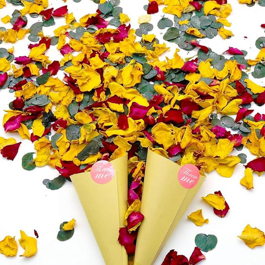 2 QT Mix Biodegradable Flower Petals Confetti, 20+ Cups of Dried Roses & Eucalyptus Leaves, Real Petals for Wedding Parties Romantic Gifts, Flower Bridal (2QT)