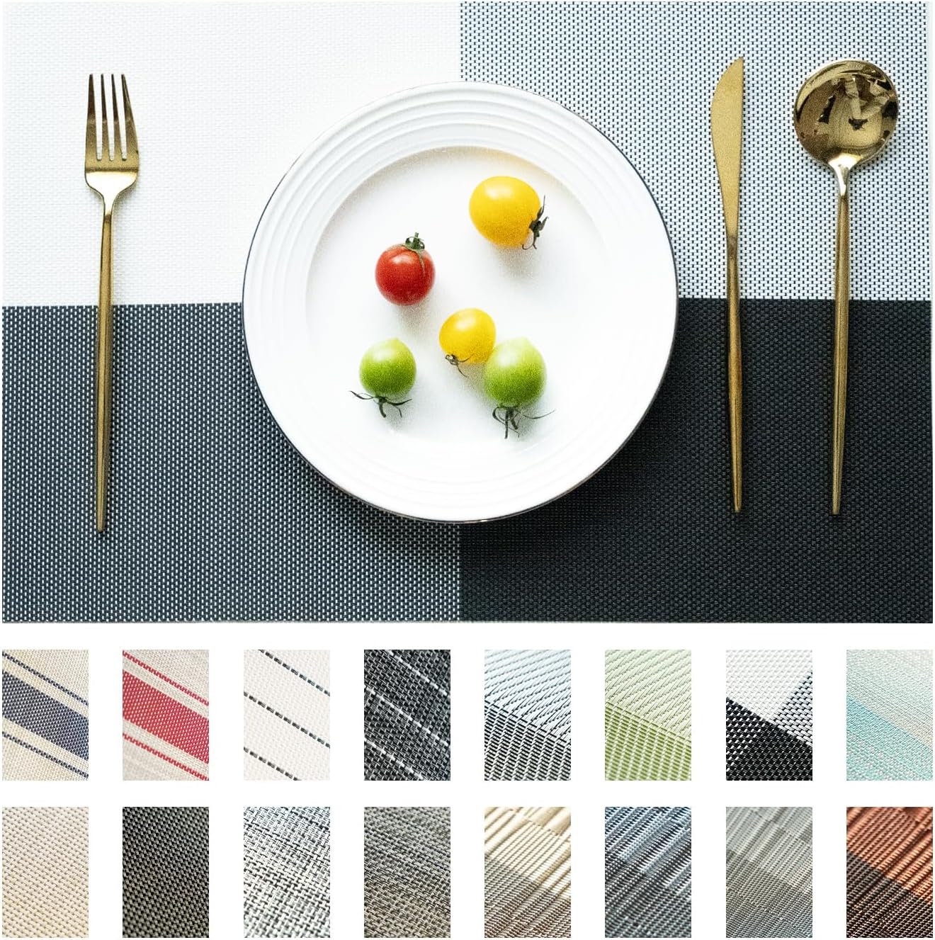 Placemats Set of 12 Vinyl/Plastic Woven Place Mats for Kitchen Table Indoor/Outdoor Washable Placemat Wipeable Dining Table Mats (Grey Grid,12)