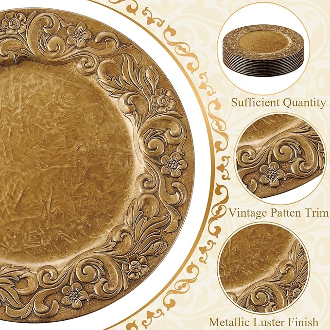 12 Pcs Antique Gold Charger Plates Bulk 13 Inch Embossed Rim Plastic Round Decorative Plates Charger for Dinner Wedding Party Event Table Setting Decoration (Wave-and-floral Frame)