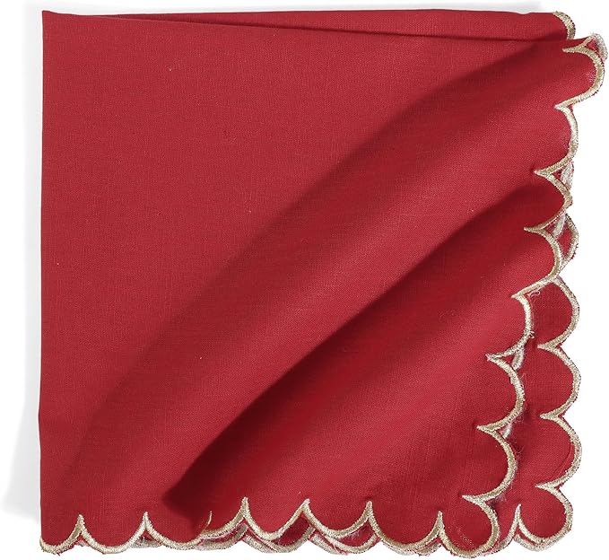 FINGERCRAFT Cloth Napkins, Everyday Use Scallop Design with Golden Zari, Premium Quality Natural Cotton Napkin Cloth Set of 6 Perfect for Parties Dinners Weddings Christmas 20x20 inch Tango Red