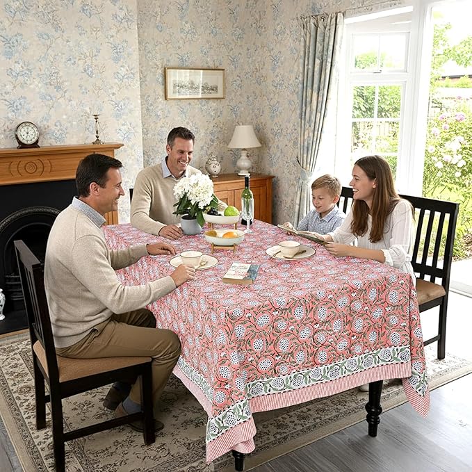 Ridhi Hand Block Print Dark Salmon Pink Rectangle Cotton Tablecloth 190" x 72" Reusable Table Cover Decorative Everyday Use for Dining, Farmhouse, Home Gift for Spring, Easter, Valentine