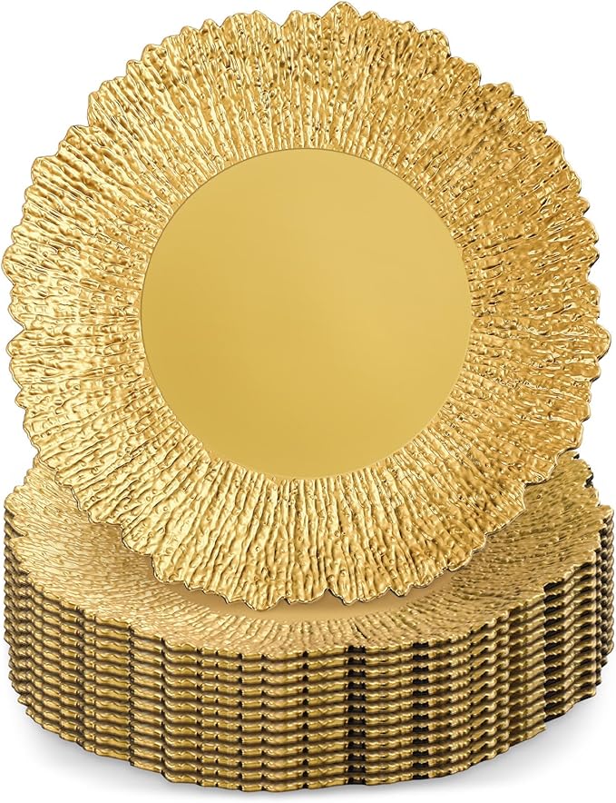 12 Pcs Charger Plates Bulk for Wedding Chargers 13" Reusable Round Serving Plate Table Chargers for Catering Family Party Restaurant Home Dinner Supplies (Reef, Gold)