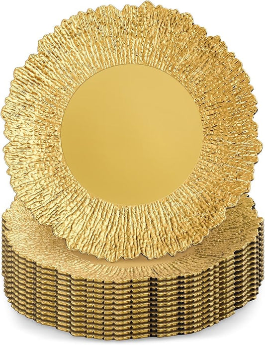 12 Pcs Charger Plates Bulk for Wedding Chargers 13" Reusable Round Serving Plate Table Chargers for Catering Family Party Restaurant Home Dinner Supplies (Reef, Gold)