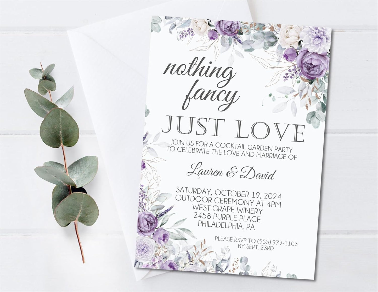 Lavender & Purple Rose Wedding Invitations, Boho Garden, Personalized, Set of 12 Invitations with Envelopes