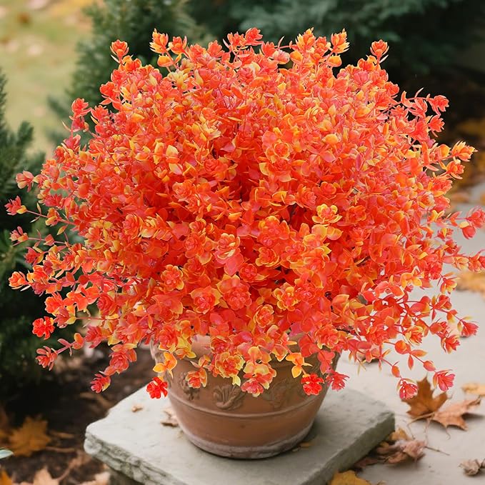 12 Bundles Faux Mums for Fall Decor, UV Resistant Fall Flowers Artificial for Decoration Fake Mums for Thanksgiving Halloween Autumn Indoor Outdoor Garden Porch Window Wedding(Fall Red)