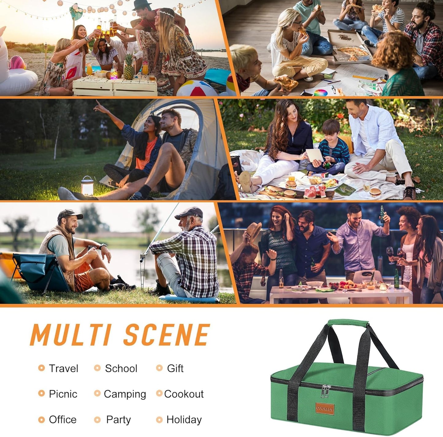 Insulated Casserole Carrier - Insulated Thermal Carry Bag for Hot or Cold Food, 9"X13" Casserole/Baking Dish Carrier for Travel/Party, Durable Nylon, Green, Single Layer with Zip Pockets
