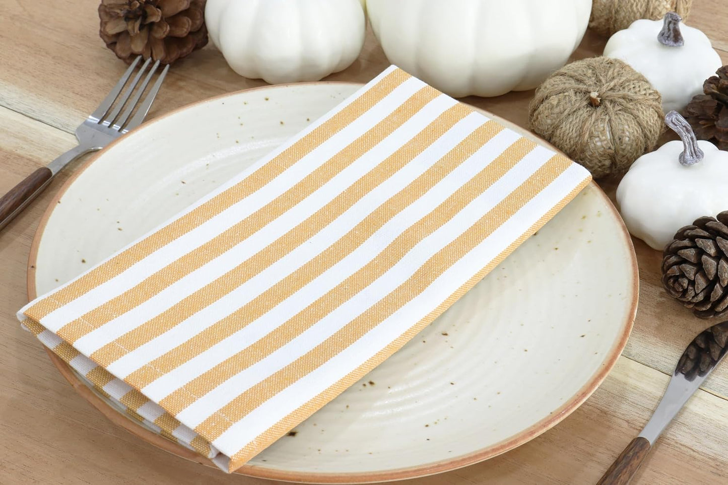 PurpleEssences Plain Striped Cloth Napkins - Set of 12-100% Cotton - 18 x 18 Inch - Fall Thanksgiving - Perfect Everyday Use Dinner Napkin - Golden Yellow White