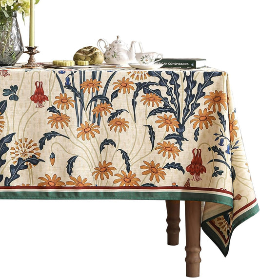 French Vintage Long Rectangular Tablecloth,Linen Tablecloth with Gold and Red Floral Pattern,Decorative Table Cover for Kitchen,Dining,Thanksgiving,Christmas,Party,63"*94"-Tijuana