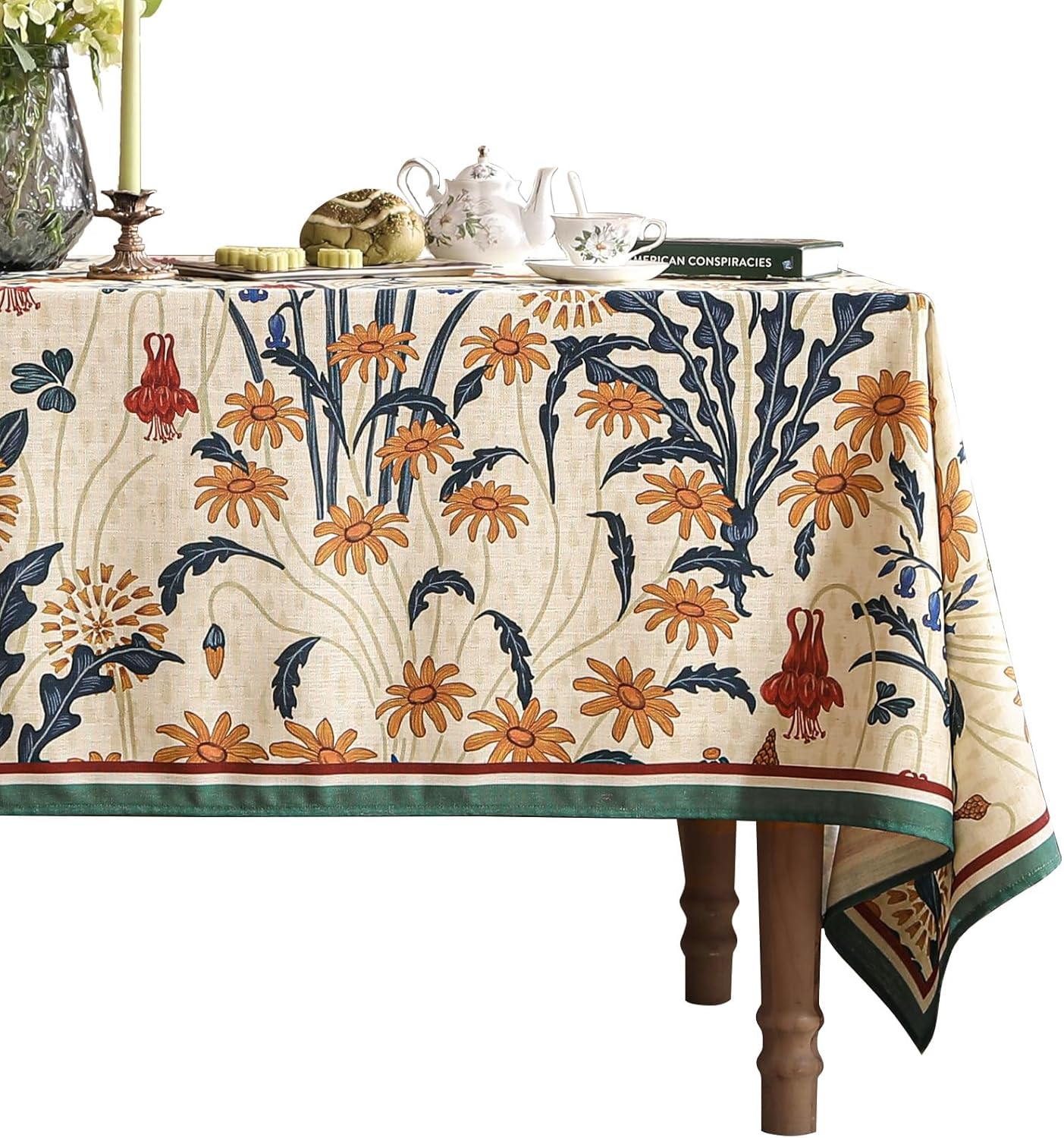 French Vintage Small Rectangular Tablecloth,Linen Tablecloth with Gold and Red Floral Pattern,Decorative Table Cover for Kitchen,Dining,Thanksgiving,Christmas,Party,55"*71"-Tijuana