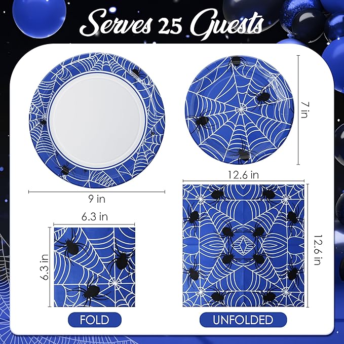 75pcs Spider Party Supplies, 25 Guest Disposable Blue Paper Plates & Napkins, Tableware Decorations Favors, Including 9" & 7" Plates & Napkins for Halloween, Birthday, Parties, and Everyday Use