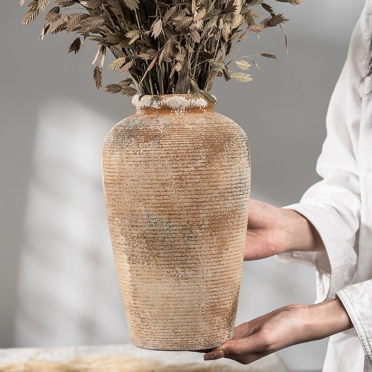 Rustic Ceramic Flower Vase, Small Decorative Terracotta Boho Vase for Living Room, Table Centerpiece, Shelf Decor, Farmhouse, Entryway - 11 Inch Tall, Vintage Gray