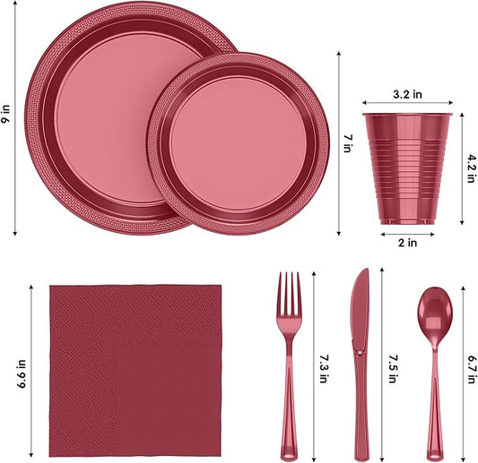 350 Pcs Burgundy Plastic Plates For Party, Burgundy Disposable Plates Set, 50 Of Each 9" Dinner Plate Set, 7" Dessert Plate, Cups, Napkins & Cutlery Plastic Dinnerware Exquisite