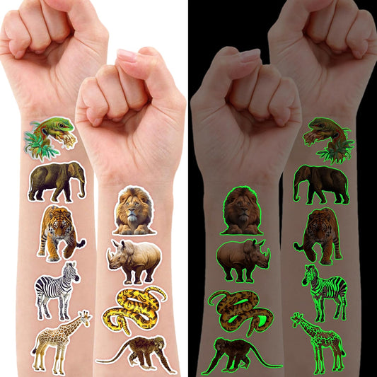 96 PCS Realistic Wildlife Jungle Animal Glow In The Dark Luminous Pre-Cut Temporary Tattoos Sticker Reptile Birthday Party Decorations Supplies Favors Gifts Boys Girls Zoo Cute Fake Tattoo Themed