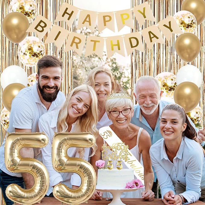 Trgowaul 55th Birthday Decorations for Women, Banner, Sash and Crown, Cake Topper, 55 Number Balloon, Fringe Curtains, Champagne Gold 55th Birthday Party Supplies