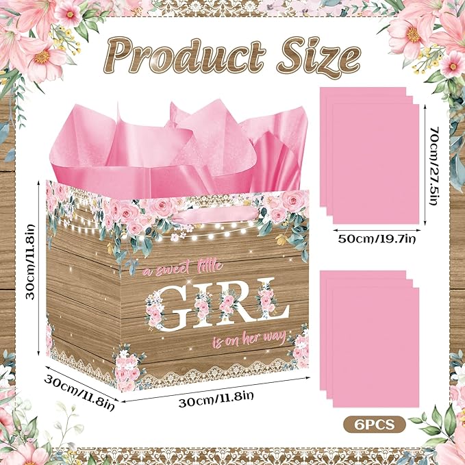 Woosytoo Extra Large Rustic Girl Gift Bag, Floral Sweet Baby Girl Square Gift Bag with Tissue Paper A Sweet Little Girl is on Her Way Wrapping Paper Bags for Baby Shower Gender Reveal Party Favors